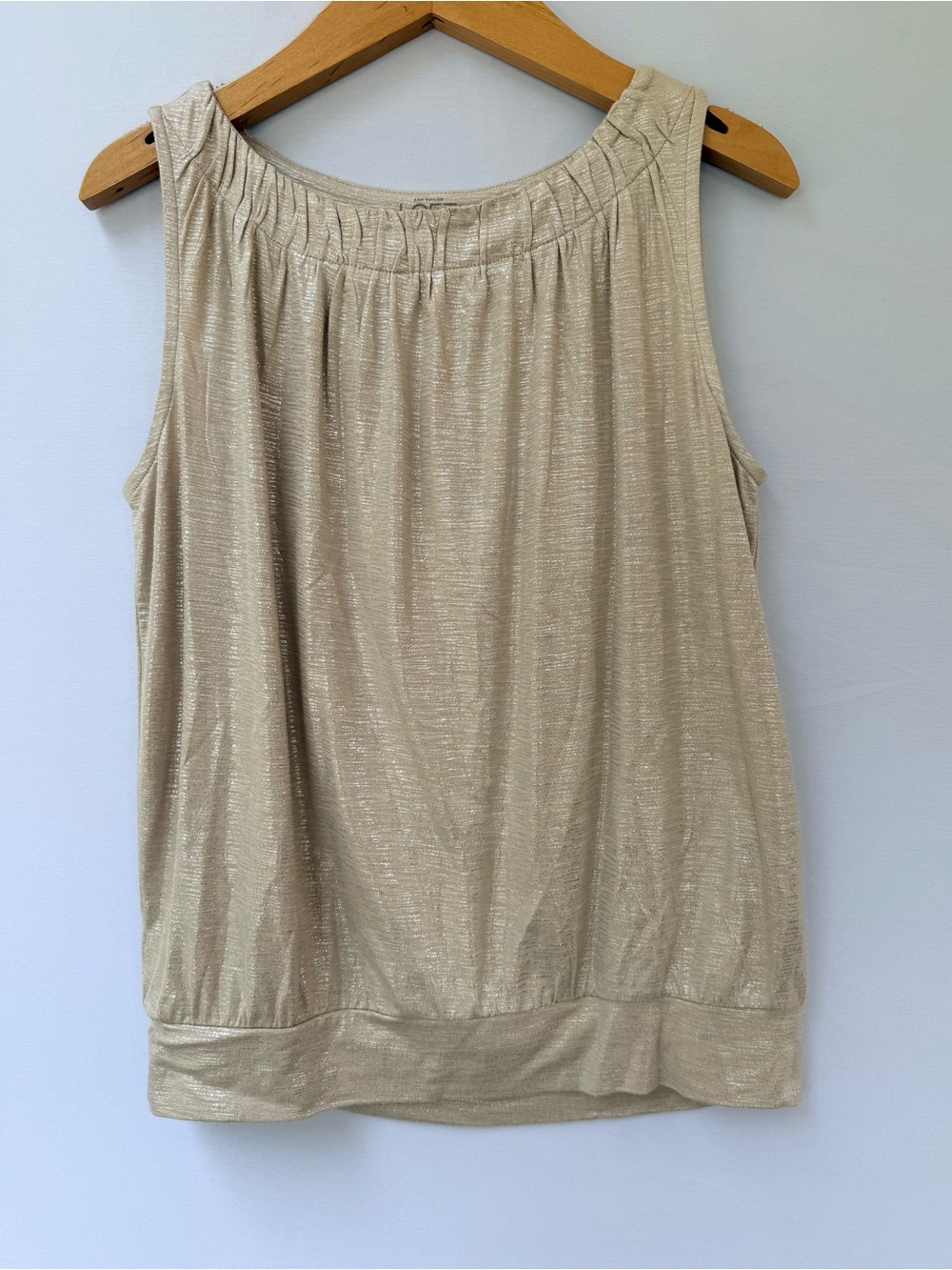 LOFT Gold Metallic Shimmer Bubble Hem Sleeveless Top Petite Small Going Out NWOT